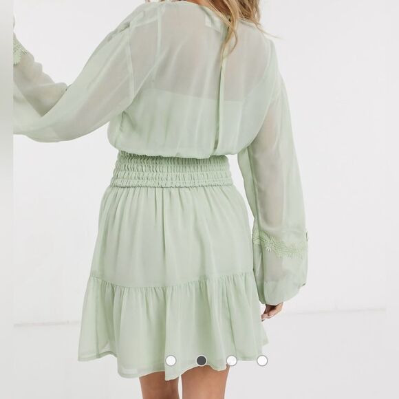 ASOS DESIGN lace insert shirred waist mini skater dress in sage green NWT - Picture 2 of 6